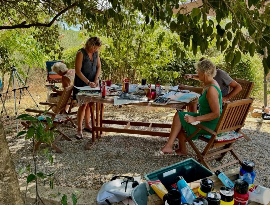 schilderen in olijfgaard tijdens schildervakantie in Bolsena Italië