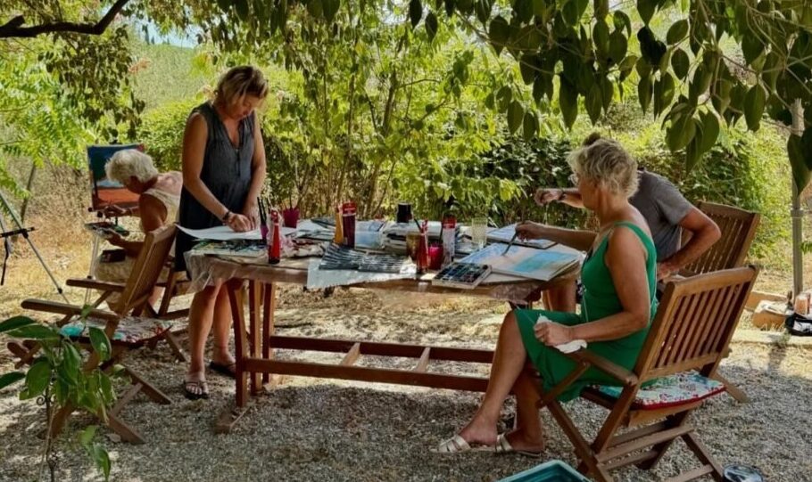 schilderen in olijfgaard tijdens schildervakantie in Bolsena Italië