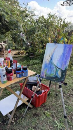 Painting holiday Italy 6 schildersezel met doek en verf in olijfgaard bij Lago di Bolsena